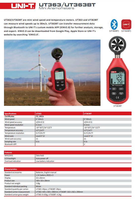 UNI-T UT363 เครื่องวัดความเร็วลมแบบใบพัด